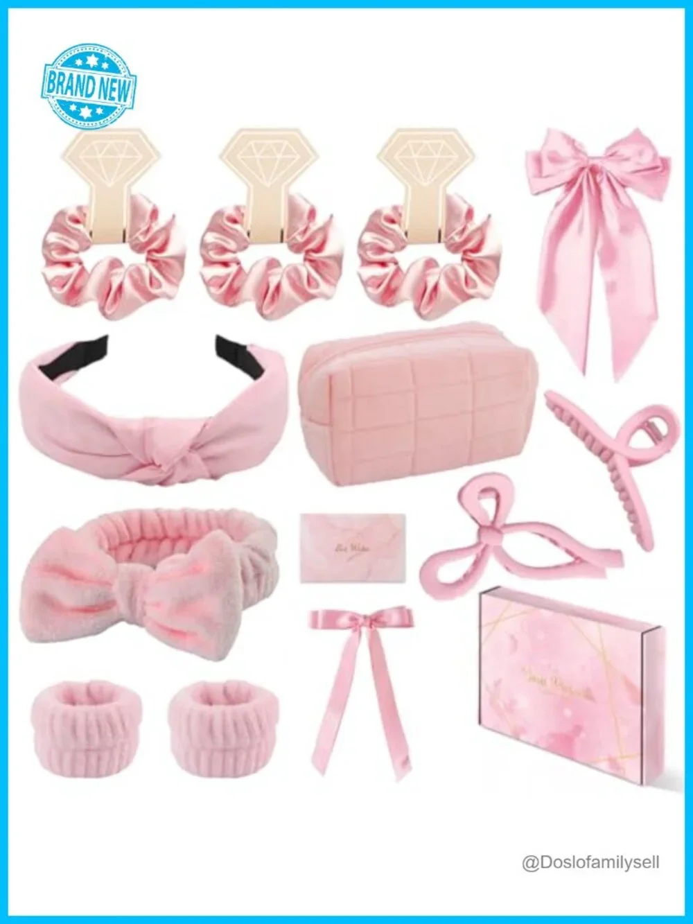 Spa Headband and Wristband Set with Hair Accessories & Cosmetic Bag